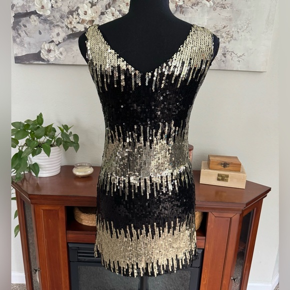 Vintage Sequin Black and Gold Mini Dress - Size Small - Picture 2 of 6